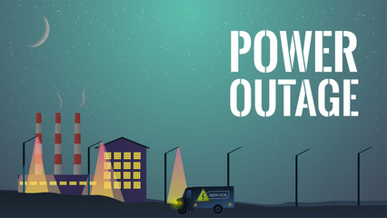 Power outage concept. Out of order power line. Street pole light don't work. Night in the city without electricity illustration. Power service van near damaged cable