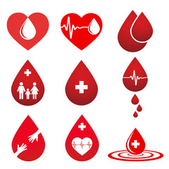 set of elements with red blood drop, helping hand and heartbeat, medical banner for the World, Donor Day design