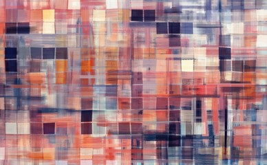 Fototapeta premium Colorful abstract artwork. Dirty art mosaic with bright orange and blue accents. Square mesh made with dark paint strokes