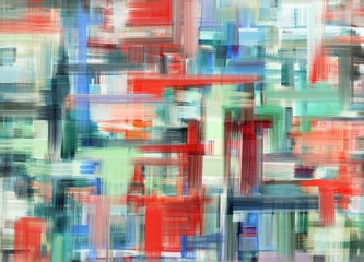 Colorful abstract long brush stroke painting. Bright artwork with green and red accents. Square mesh made with dark paint strokes