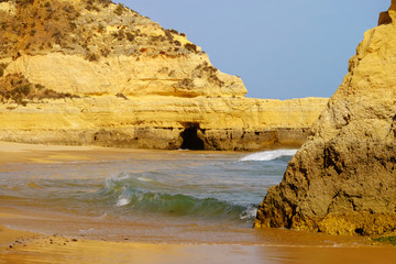 View on beautiful cliff in Algarve. Beach Careanosy in Portimao. Vacation in Portugal.