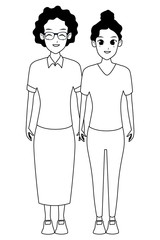 Mother and adult daughter together cartoon in black and white