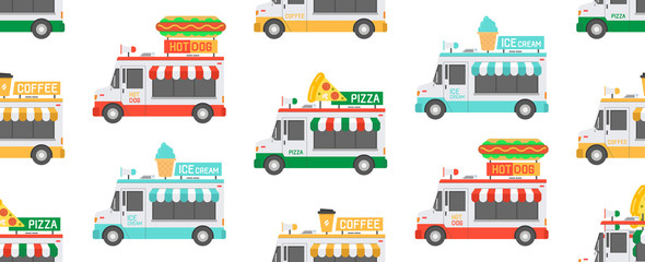 Seamless Pattern with street Food Trucks. isolated on white background