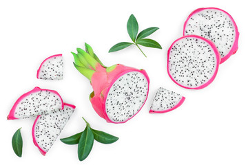Dragon fruit, Pitaya or Pitahaya isolated on white background with copy space for your text. Top view. Flat lay