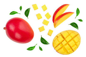 Mango fruit half with slices isolated on white background. Set or collection. Top view. Flat lay