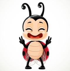 Cute happy cartoon little ladybug stand on a white background © Azuzl