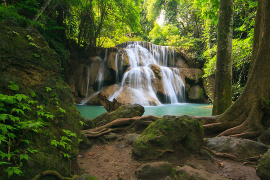 Waterfall in a deep forest,Kanchanaburi,Thailand (nature, landscape, waterfall)