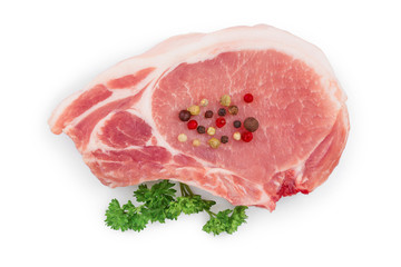 sliced raw pork meat with parsley isolated on white background. Top view. Flat lay