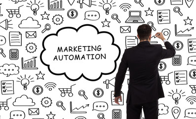 Business, technology, internet and networking concept. Young entrepreneur showing keyword:...