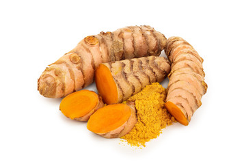 turmeric root and powder isolated on white background close up