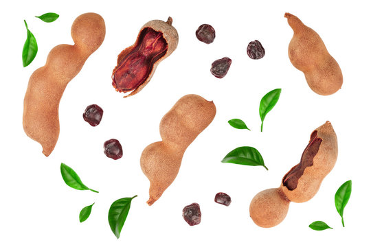Tamarind fruit with leaf and seed isolated on white background, Top view. Flat lay