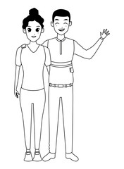 Young adult couple greeting cartoon in black and white