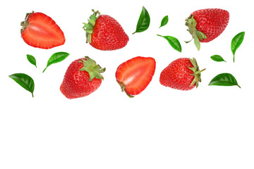 Strawberries decorated with green leaves isolated on white background with copy space for your text. Top view. Flat lay pattern