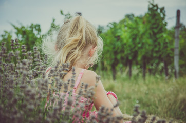 little girl back view in green vineyard