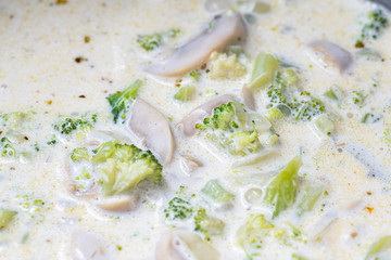 Broccoli soup with mushroom and cream cooked 