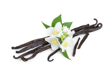 Vanilla sticks with flower and leaf isolated on white background