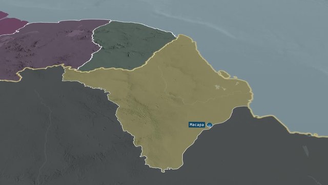 Amapa - state of Brazil with its capital zoomed on the administrative map of the globe. Animation 3D