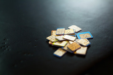 Nano sim card and big in the store a micro sim card and the usual SIM card size on a black cushion background. in real workplace  Sim card is not used then the customer left.