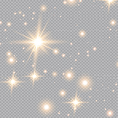 Set of gold glowing light effects isolated on transparent background. Glow light effect. Star exploded sparkles.