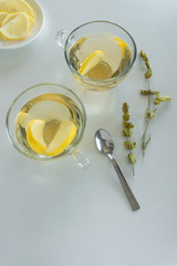 Top view of lemon tea glasses. Drinks flat lay. Seasonal refreshment break