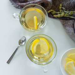 Top view of lemon tea glasses. Drinks flat lay. Seasonal refreshment break