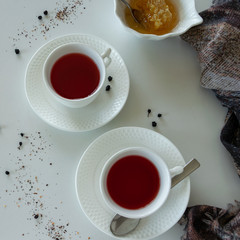 Red fruits tea glasses. Drinks flat lay. Refreshment break