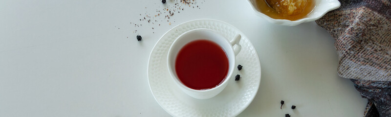 Red fruits tea glasses. Drinks flat lay. Refreshment break