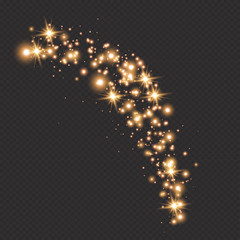 Light wave with gold glitter effect on a dark transparent background. Abstract swirl lines. Vector illustration