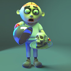 Spooky undead zombie monster serves a human skull on a silver platter, 3d illustration