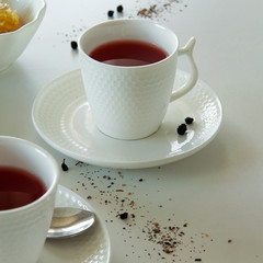 Red fruits tea glasses. Drinks flat lay. Refreshment break