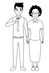 Family grandmother with adult son cartoon in black and white