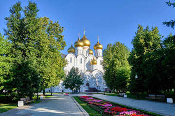 Scenic view of old the Assumption Cathedral in ancient touristic town Yaroslavl in Russian Federation. Beautiful summer sunny look of old big orthodox cathedral in historical center of russian city