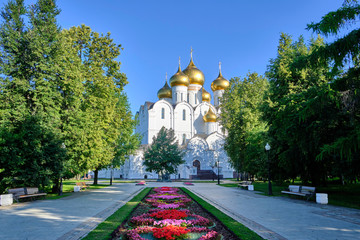 Scenic view of old the Assumption Cathedral in ancient touristic town Yaroslavl in Russian Federation. Beautiful summer sunny look of old big orthodox cathedral in historical center of russian city