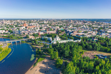 Fototapeta na wymiar Scenic aerial view of old Spaso-Preobrachensky Monastery in ancient touristic historic town Yaroslavl in Russian Federation. Beautiful sunny summer look of ancient male orthodox monastery