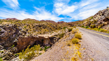 Colorful and Rugged Mountains and Ravines in El Dorado Canyon on the border of Nevada and Arizona. The canyon is part of the Lake Mead National Recreation Area in the USA