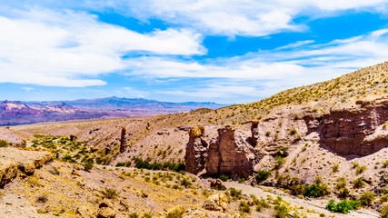 Colorful and Rugged Mountains and Ravines in El Dorado Canyon on the border of Nevada and Arizona. The canyon is part of the Lake Mead National Recreation Area in the USA