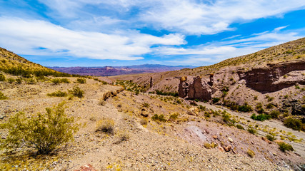 Colorful and Rugged Mountains and Ravines in El Dorado Canyon on the border of Nevada and Arizona. The canyon is part of the Lake Mead National Recreation Area in the USA