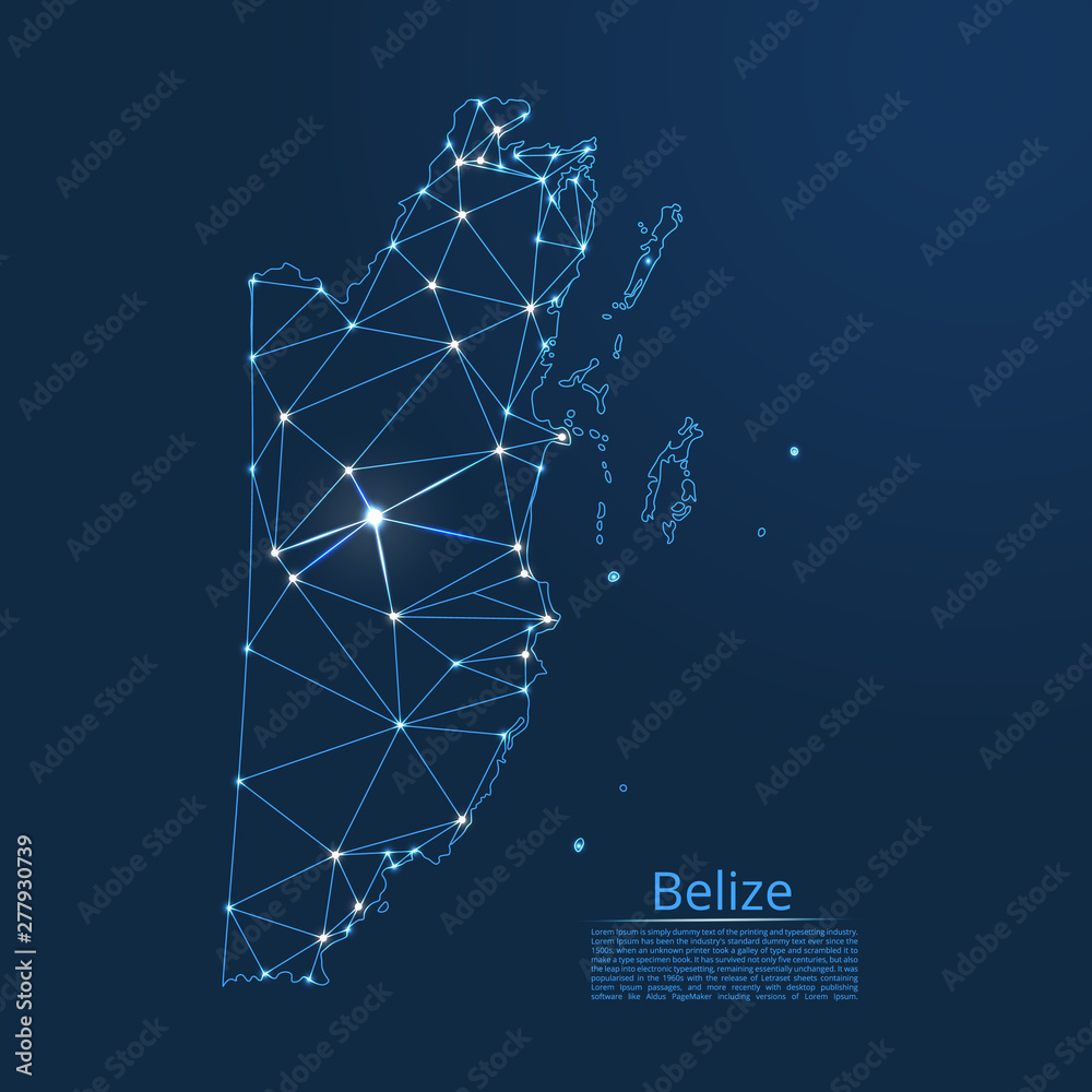 Poster belize communication network map. vector low poly image of a global map with lights in the form of c