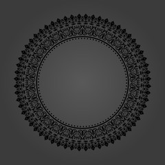 Oriental vector black round frame with arabesques and floral elements. Floral border with vintage pattern. Greeting card with place for text