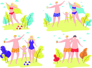 Obraz na płótnie Canvas vector illustration set. summer. vacation. people on vacation. family holiday. man woman and children on the beach. woman in a swimsuit. man drinking a cocktail. travels