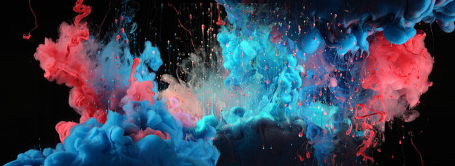Acrylic blue and red colors in water. Ink blot. Abstract black background. - obrazy, fototapety, plakaty