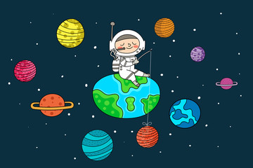 Astronaut on the planet and space trip. design. space scenes, vector illustration