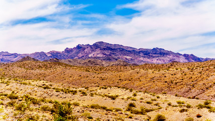 Colorful and Rugged Mountains along highway SR 165 in El Dorado Canyon on the border of Nevada and Arizona. The canyon is part of the Lake Mead National Recreation Area in the USA