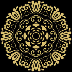 Oriental vector black and golden round pattern with arabesques and floral elements. Traditional classic ornament. Vintage pattern with arabesques