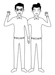Family father with adult son cartoon in black and white