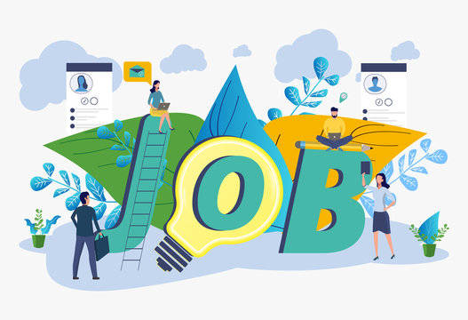 Job search, recruitment, workgroup, web graphic design. Summary. Resume. Colorful Vector Illustration