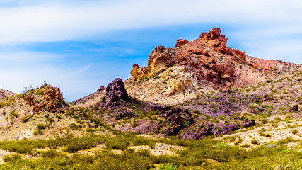 Colorful and Rugged Mountains along highway SR 165 in El Dorado Canyon on the border of Nevada and Arizona. The canyon is part of the Lake Mead National Recreation Area in the USA