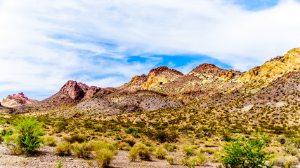 Colorful and Rugged Mountains along highway SR 165 in El Dorado Canyon on the border of Nevada and Arizona. The canyon is part of the Lake Mead National Recreation Area in the USA