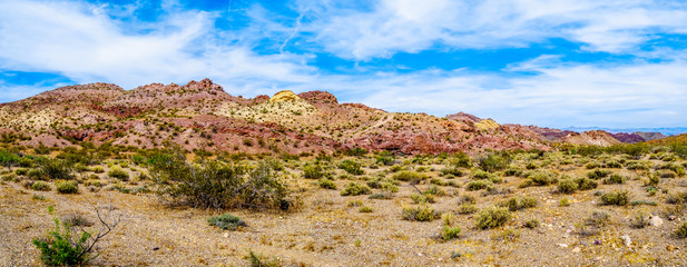Colorful and Rugged Mountains along highway SR 165 in El Dorado Canyon on the border of Nevada and...