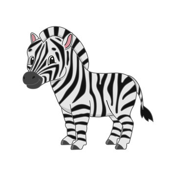 Striped zebra. Cute character. Colorful vector illustration. Cartoon style. Isolated on white background. Design element. Template for your design, books, stickers, cards, posters, clothes.
